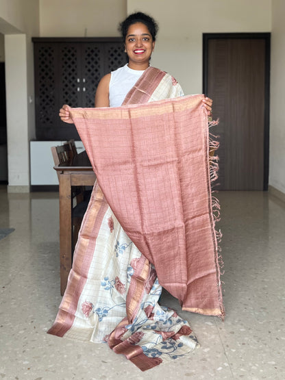 Cream and Brown Tussar Silk Saree with Prints