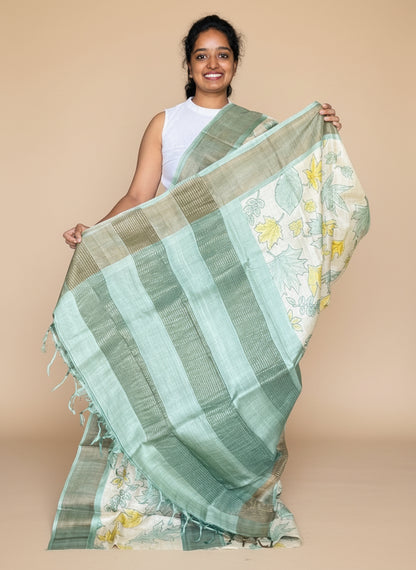 Cream and Green Tussar Silk Saree with Prints