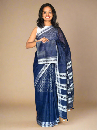 Navy Blue Linen Saree with Kantha Weaves