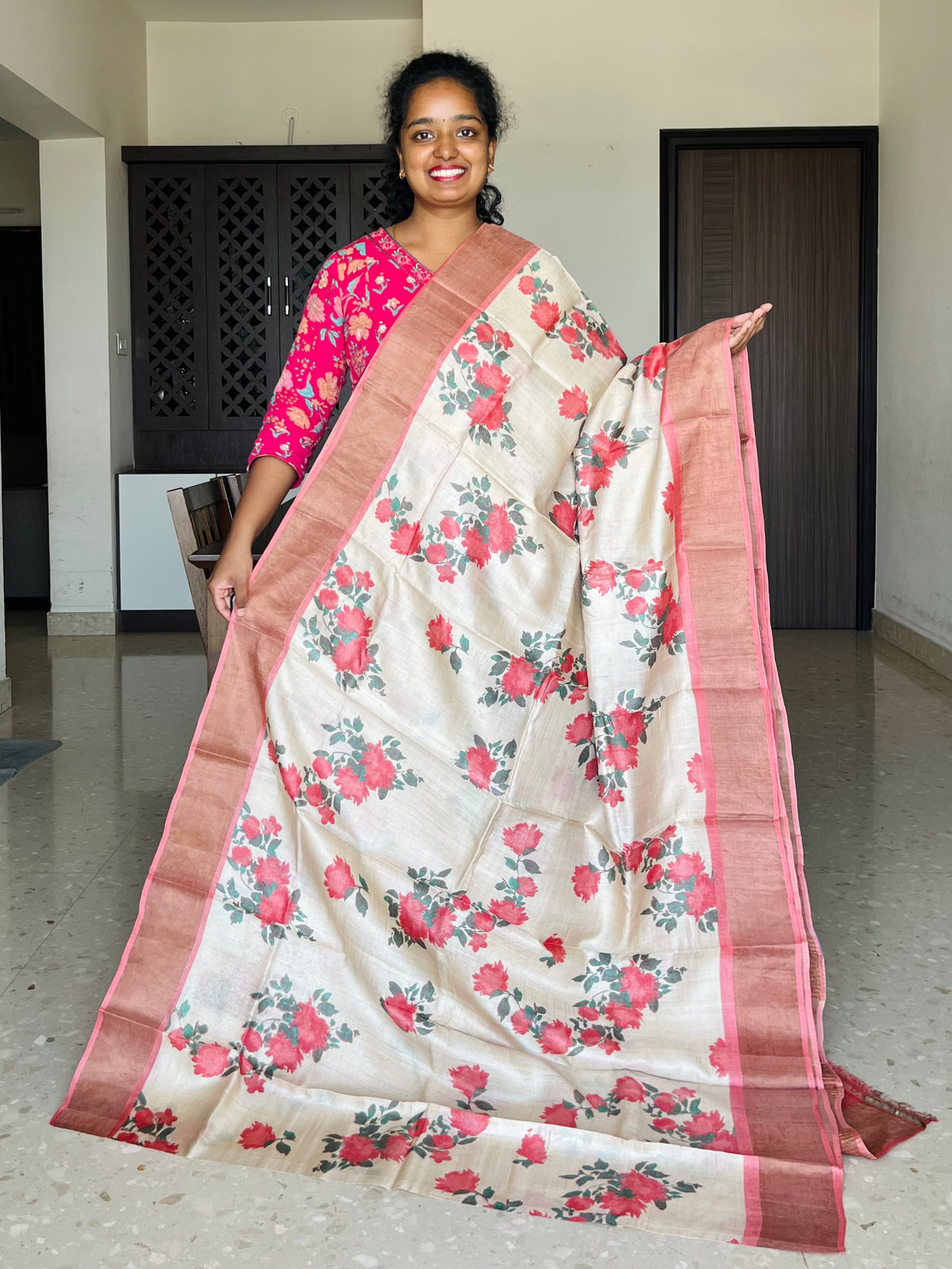 Cream and Peach Tussar Silk Saree with Prints