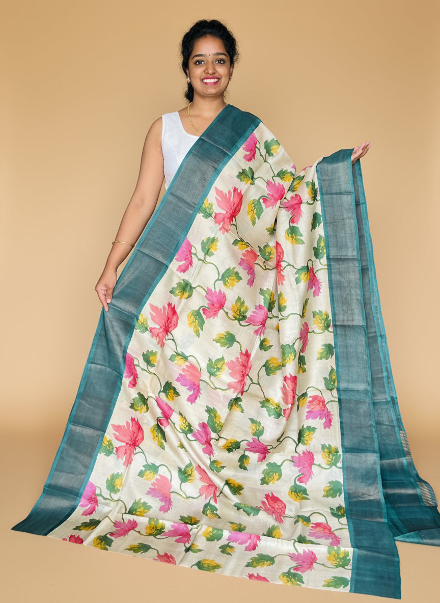 Cream and Green Tussar Silk Saree with Prints