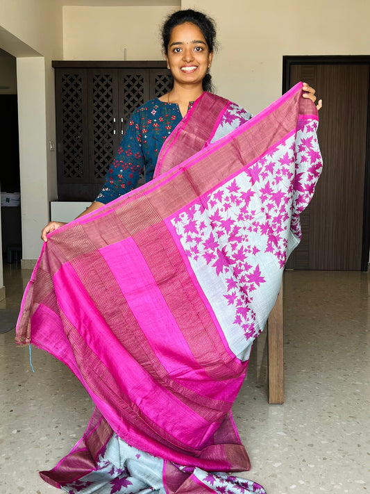 Grey and Rani Pink Tussar Silk Saree with Prints