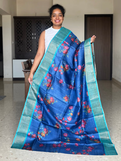 Navy Blue and Sky Blue Tussar Silk Saree with Prints