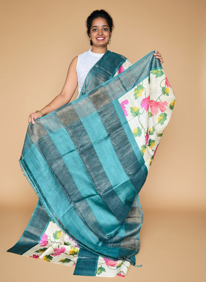 Cream and Green Tussar Silk Saree with Prints