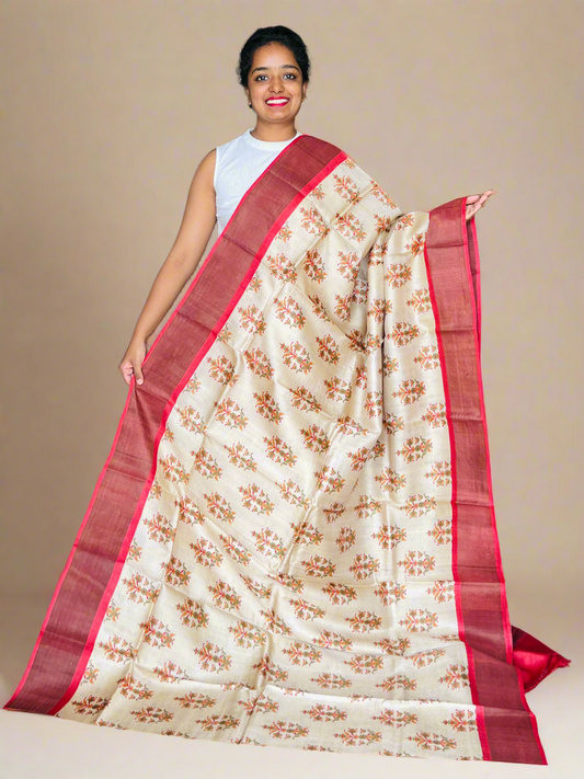 Cream and Red Tussar Silk Saree with Prints