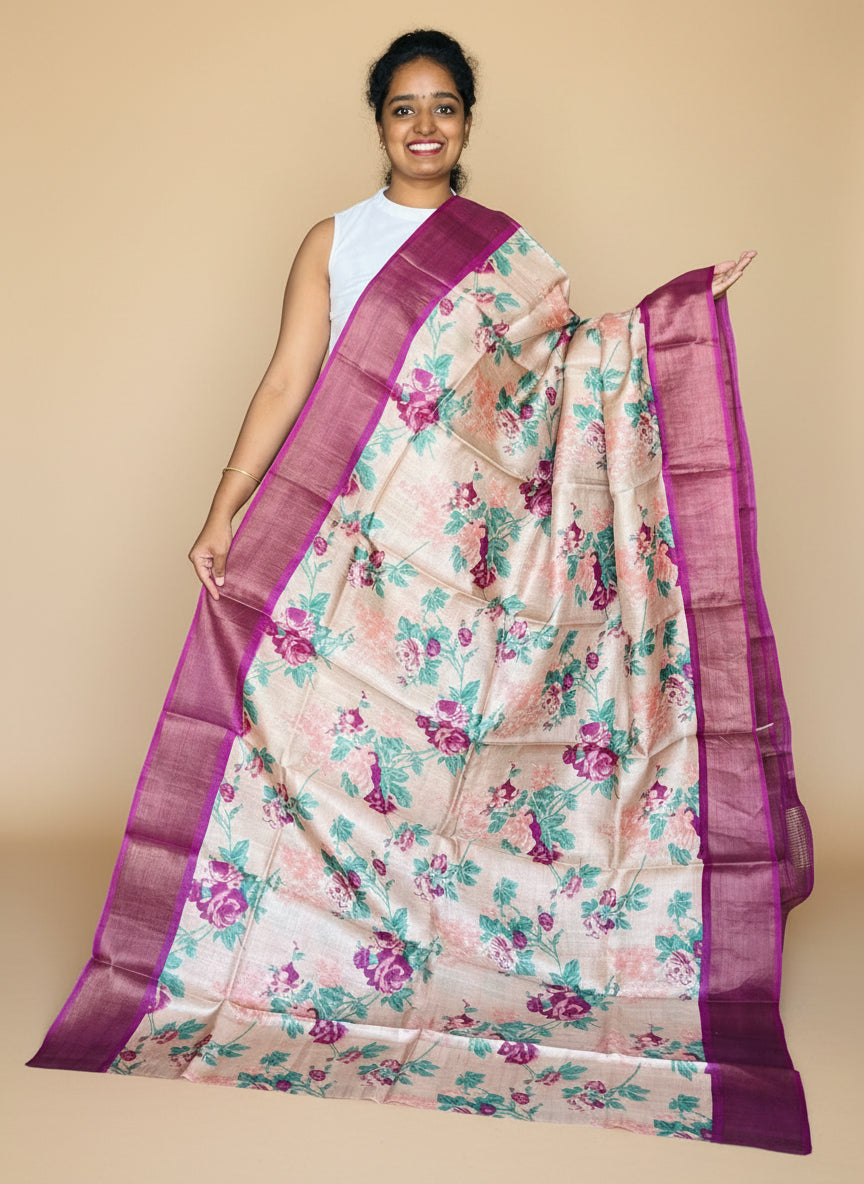 Peach and Magenta Tussar Silk Saree with Prints