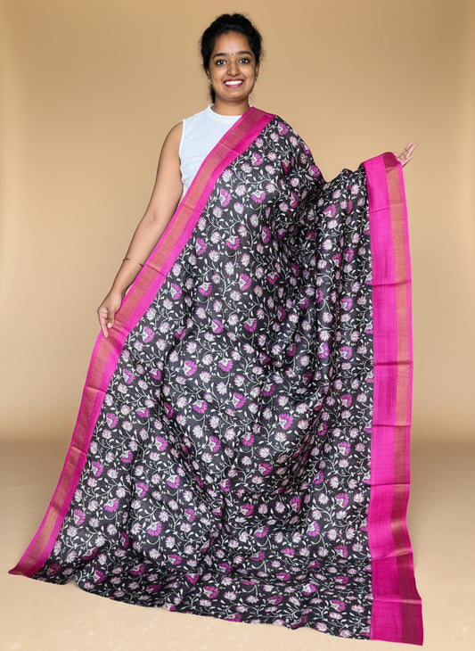 Black and Magenta Tussar Silk Saree with Prints