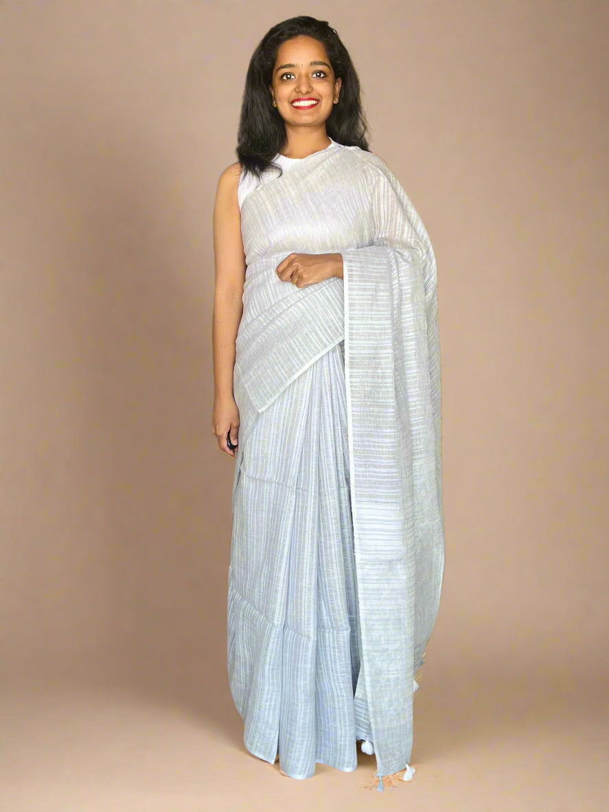 Grey Linen Saree With Woven Stripes