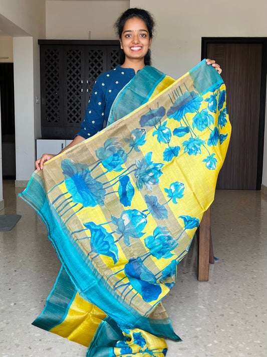 Yellow and Blue Tussar Silk Saree with Prints
