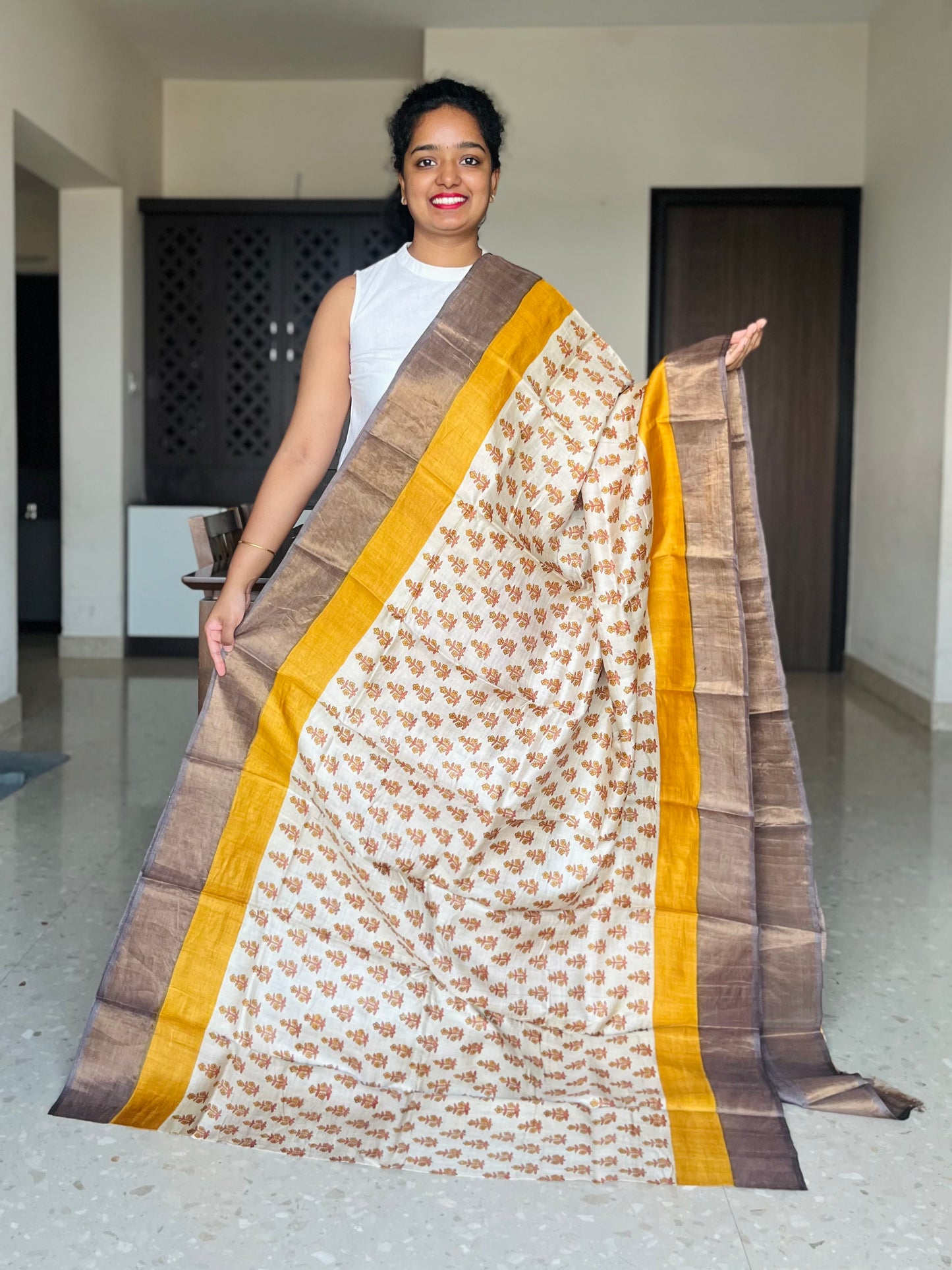 Cream, Mustard and Brown Tussar Silk Saree with Prints