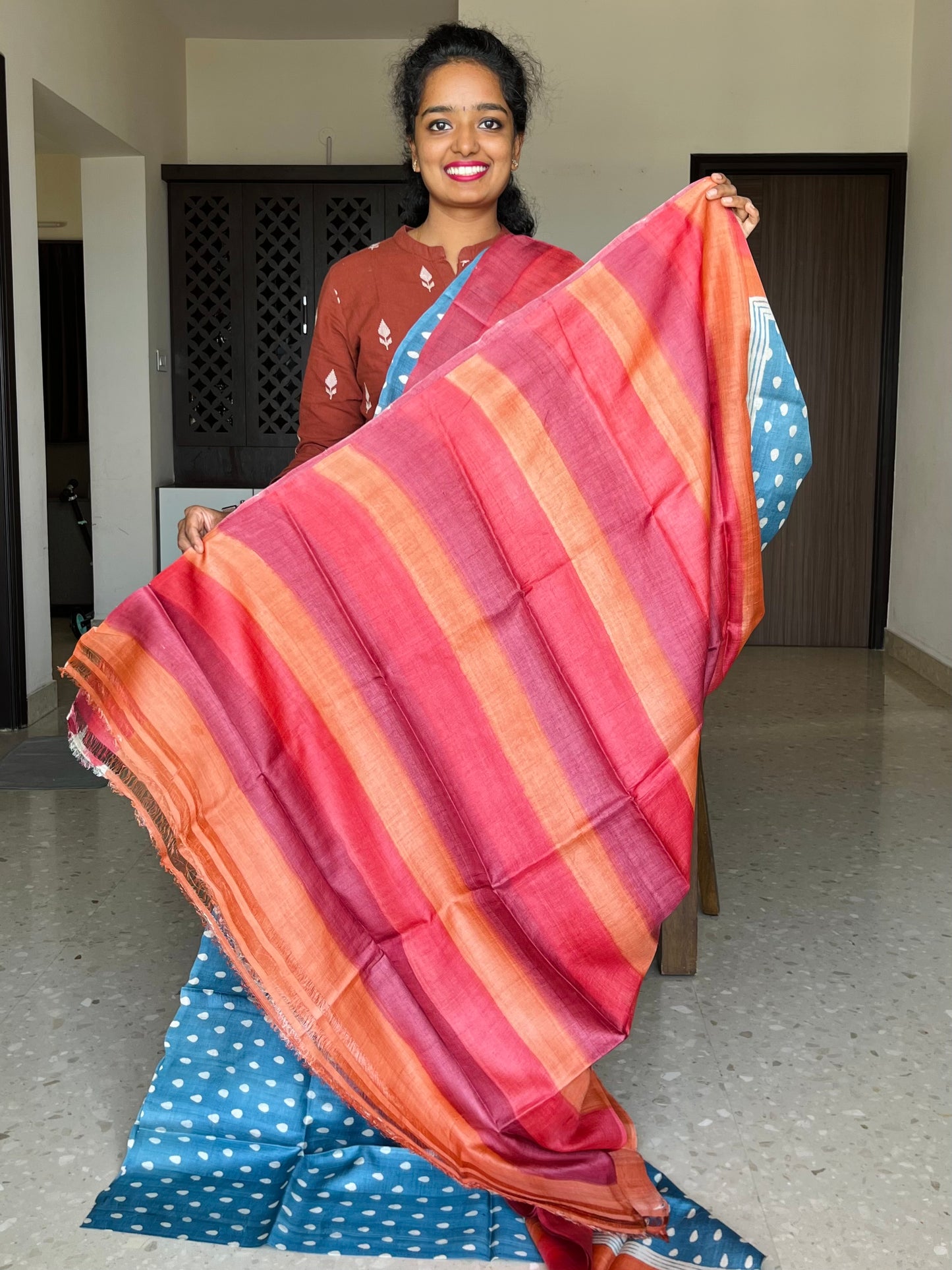 Blue, Red and Orange Tussar Silk Saree with Prints