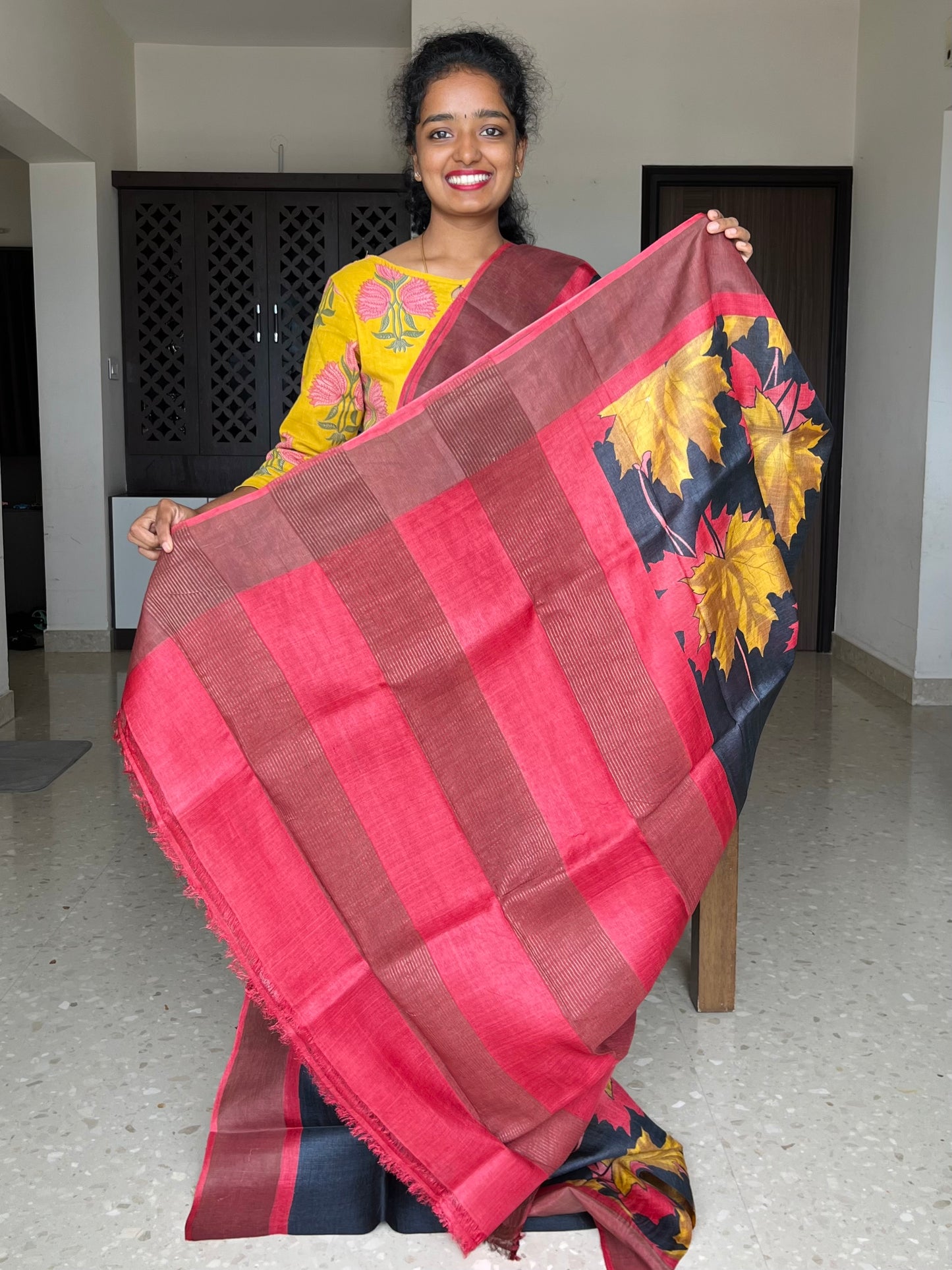 Black and Red Tussar Silk Saree with Prints