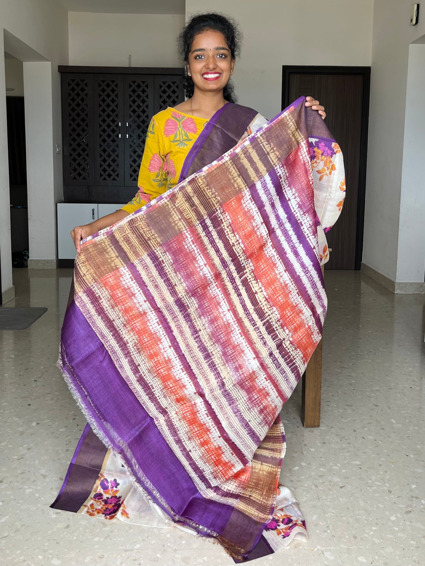 Cream and Violet Tussar Silk Saree with Prints