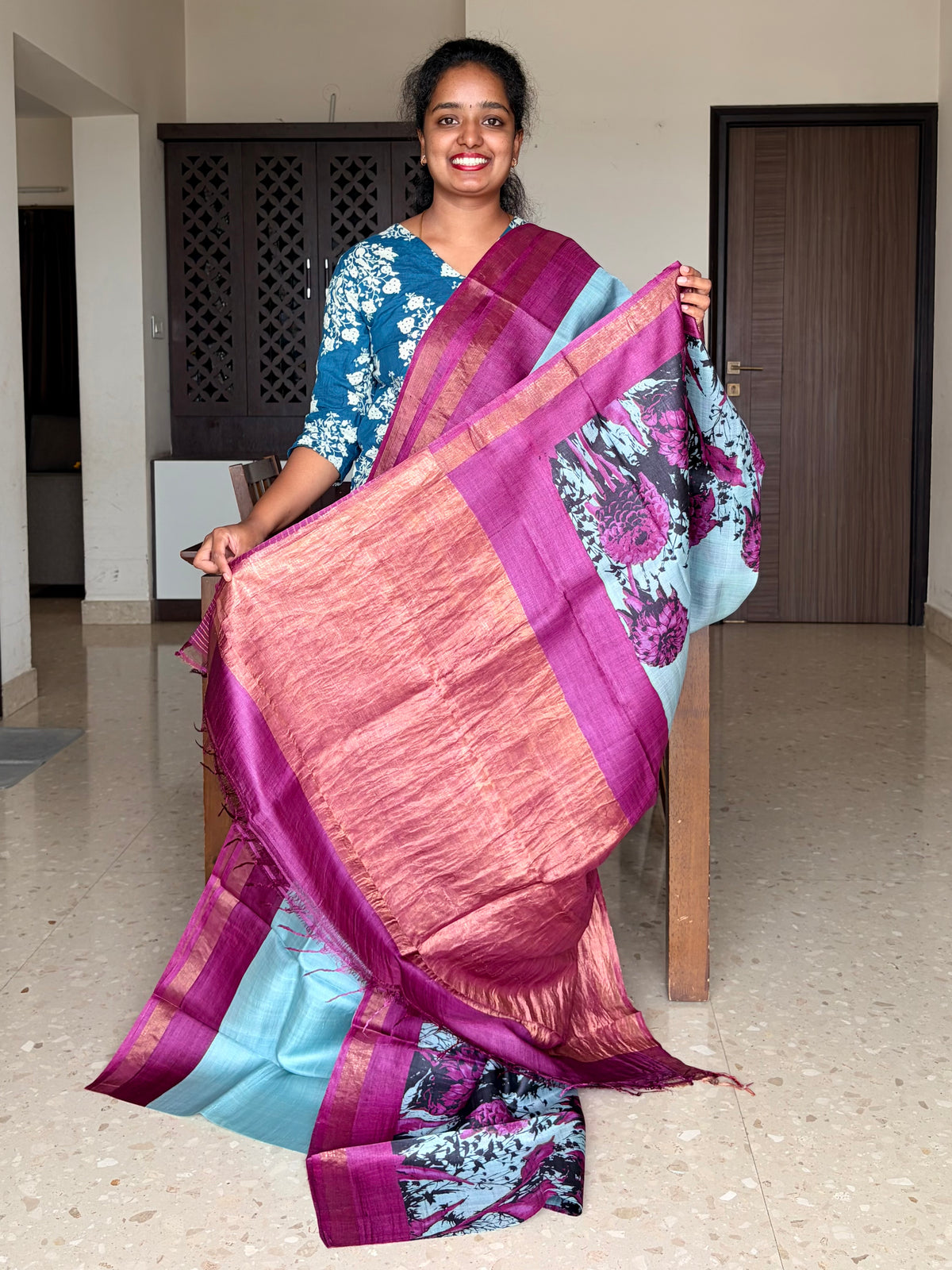 Powder Blue and Magenta Tussar Silk Saree with Prints