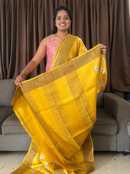Yellow Tussar Silk Saree with Prints