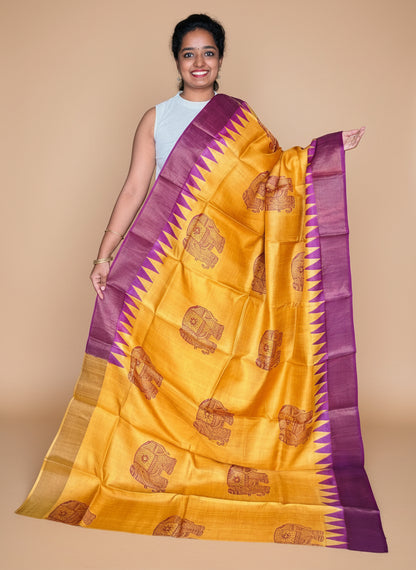 Yellow and Purple Tussar Silk Saree with Prints