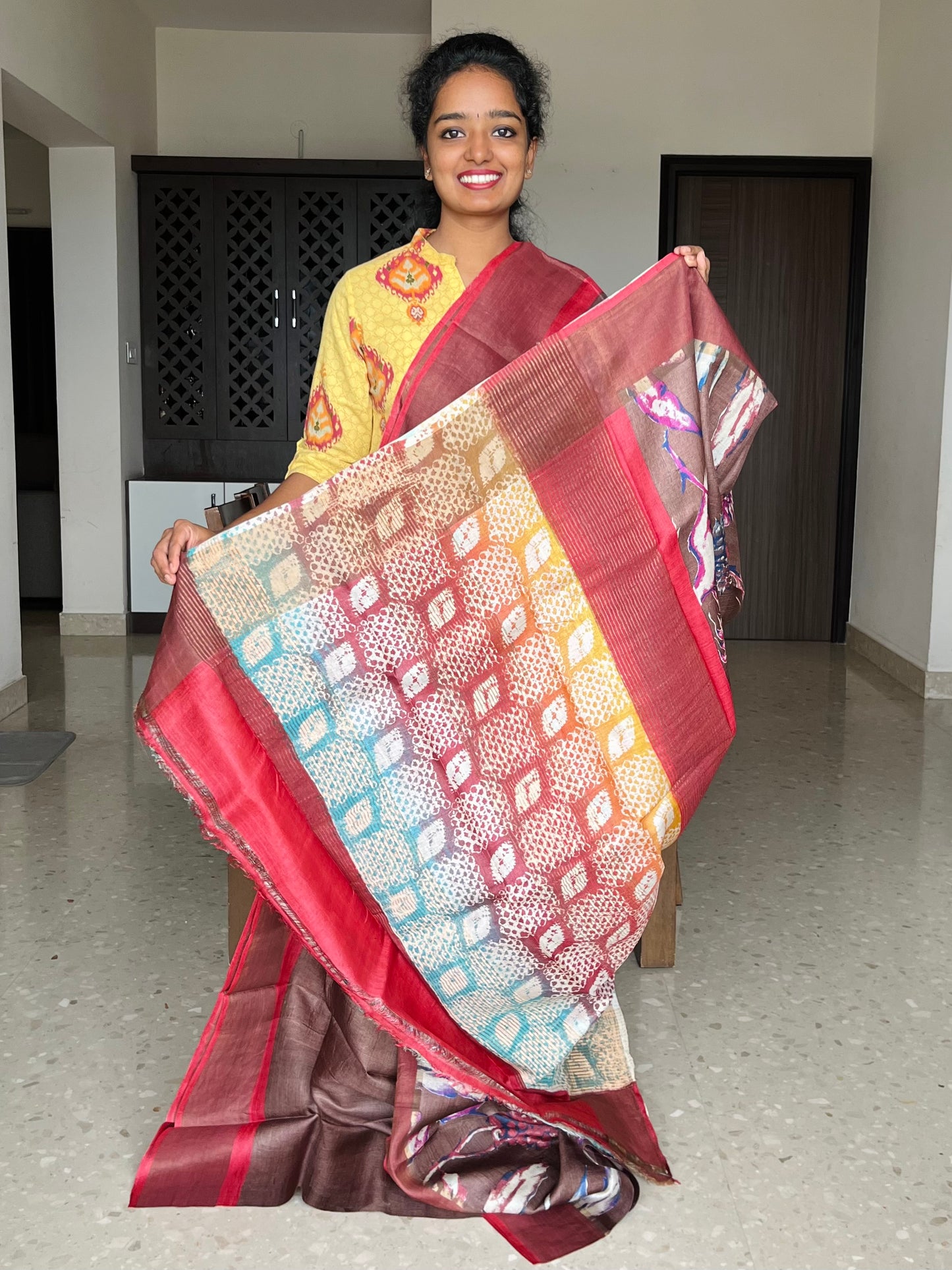 Brown and Red Tussar Silk Saree with Prints