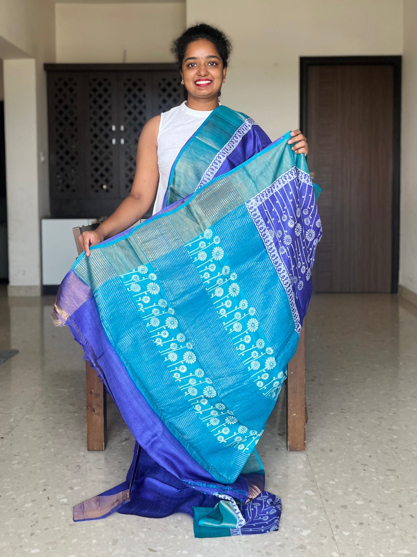 Indigo Tussar Silk Saree with Prints