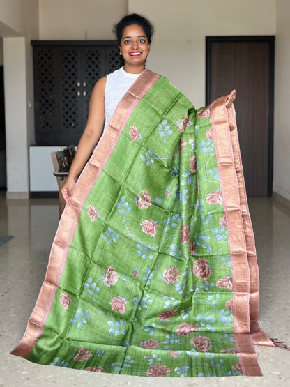 Green and Brown Tussar Silk Saree with Prints