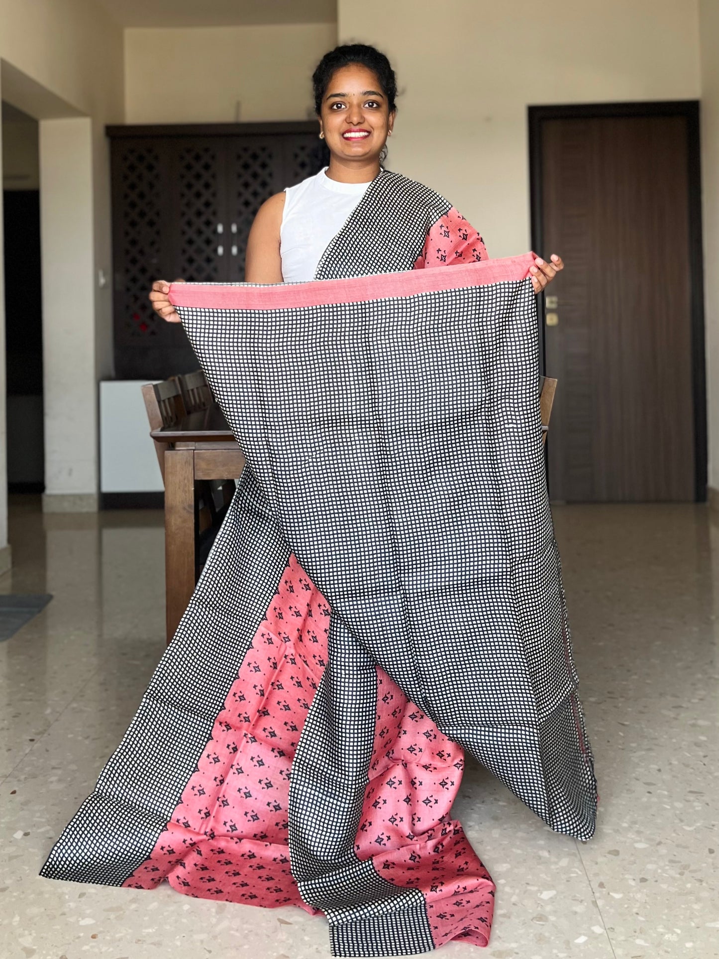 Pink Tussar Silk Saree with Prints