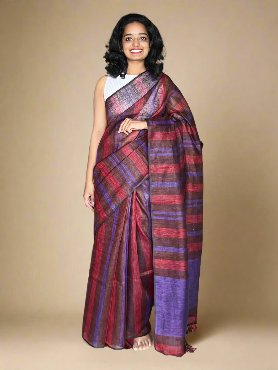 Red and Purple Linen Saree with Woven Stripes