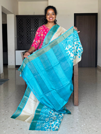 Cream and Blue Tussar Silk Saree with Prints