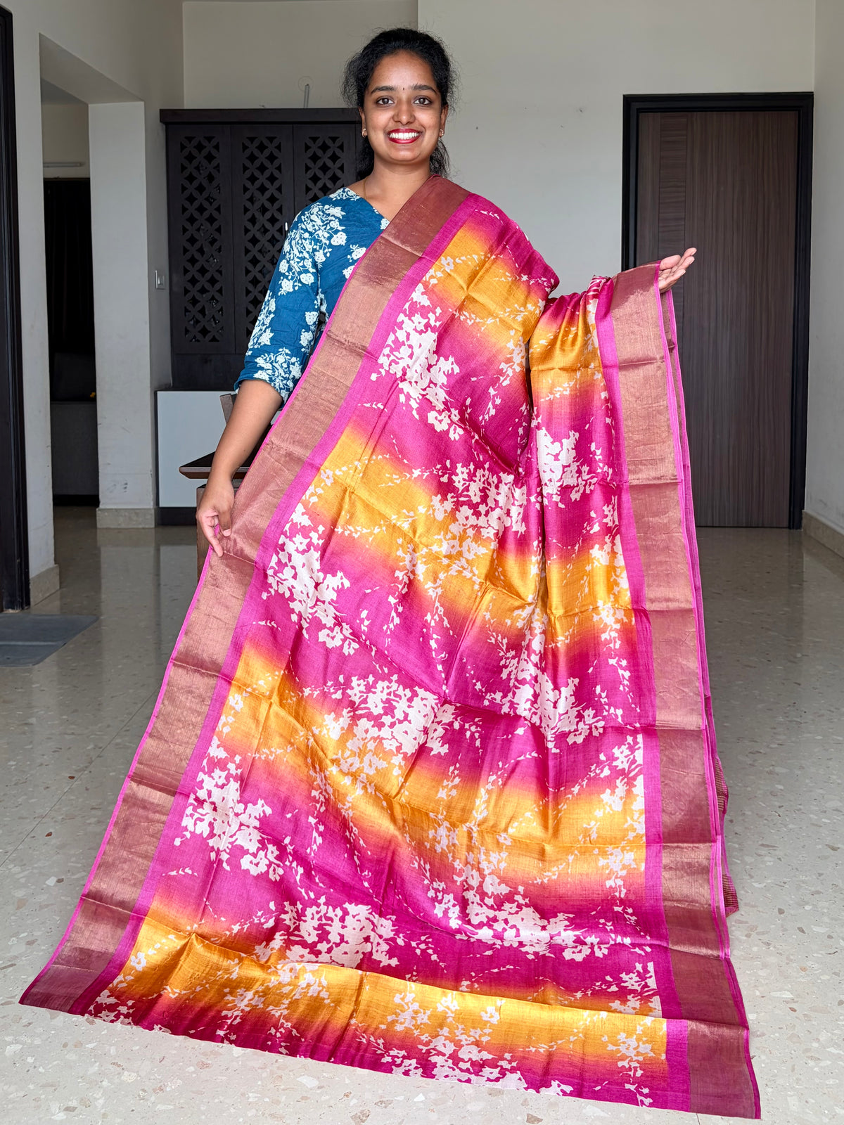 Magenta and Yellow Tussar Silk Saree with Prints