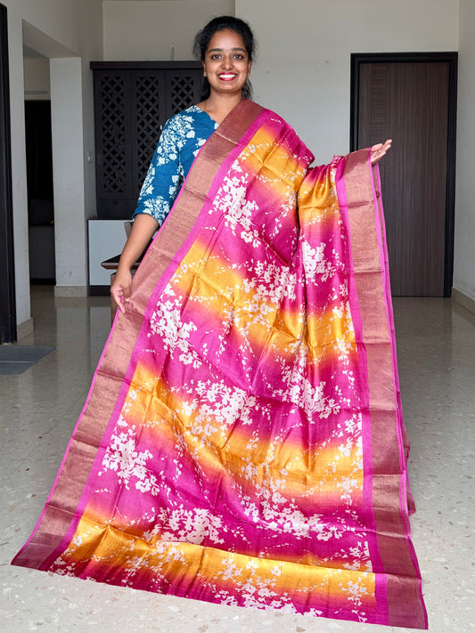 Magenta and Yellow Tussar Silk Saree with Prints