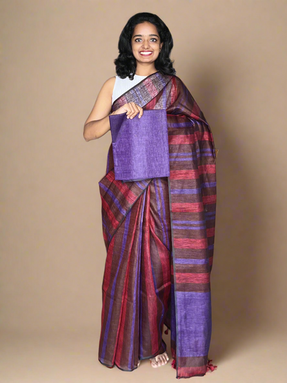 Red and Purple Linen Saree with Woven Stripes