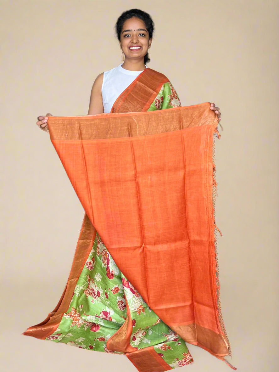 Green and Orange Tussar Silk Saree with Prints