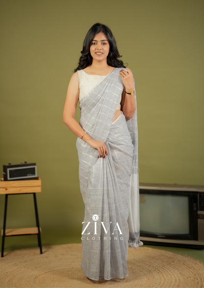 Grey Linen Saree Woven With Sequins