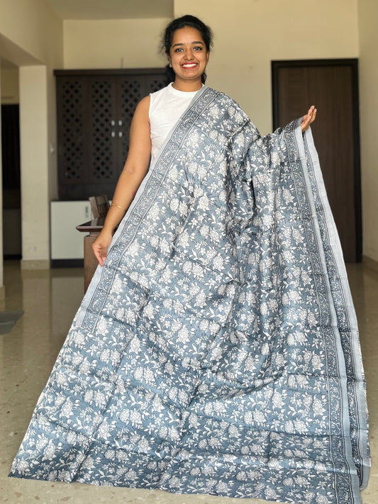 Grey Tussar Silk Saree with Prints