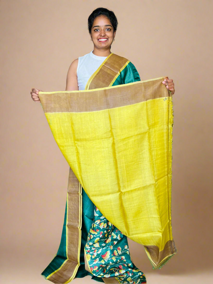 Dark Green and Yellow  Tussar Silk Saree with Prints