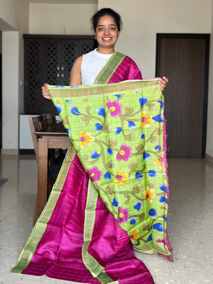 Magenta and Green Tussar Silk Saree with Prints