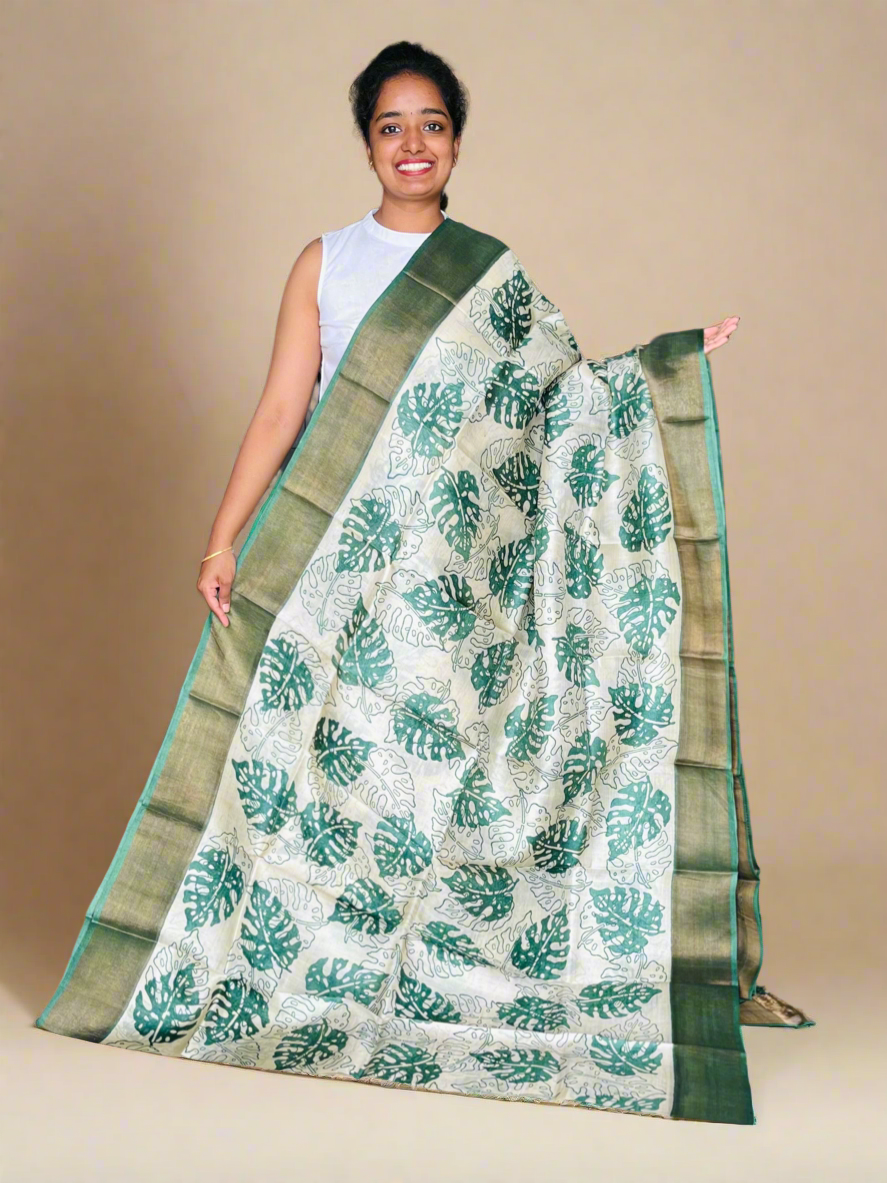 Cream and Bottle Green Tussar Silk Saree with Prints