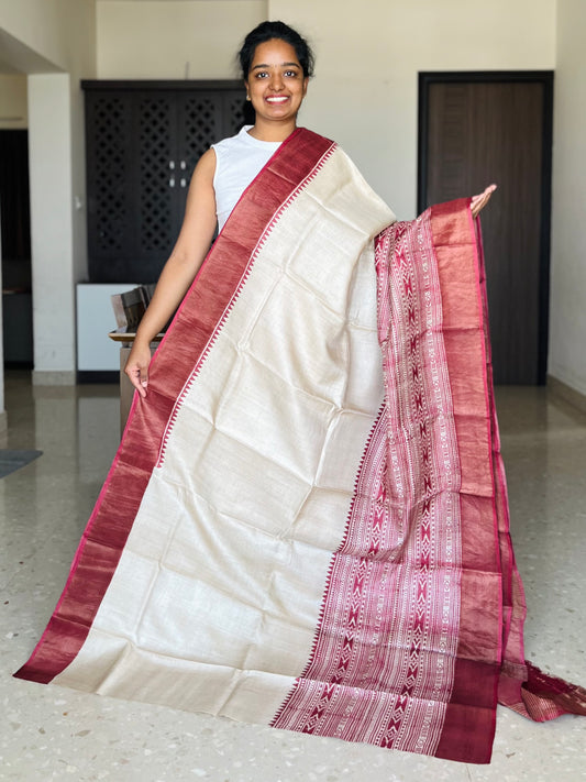 Cream and Maroon Tussar Silk Saree with Prints