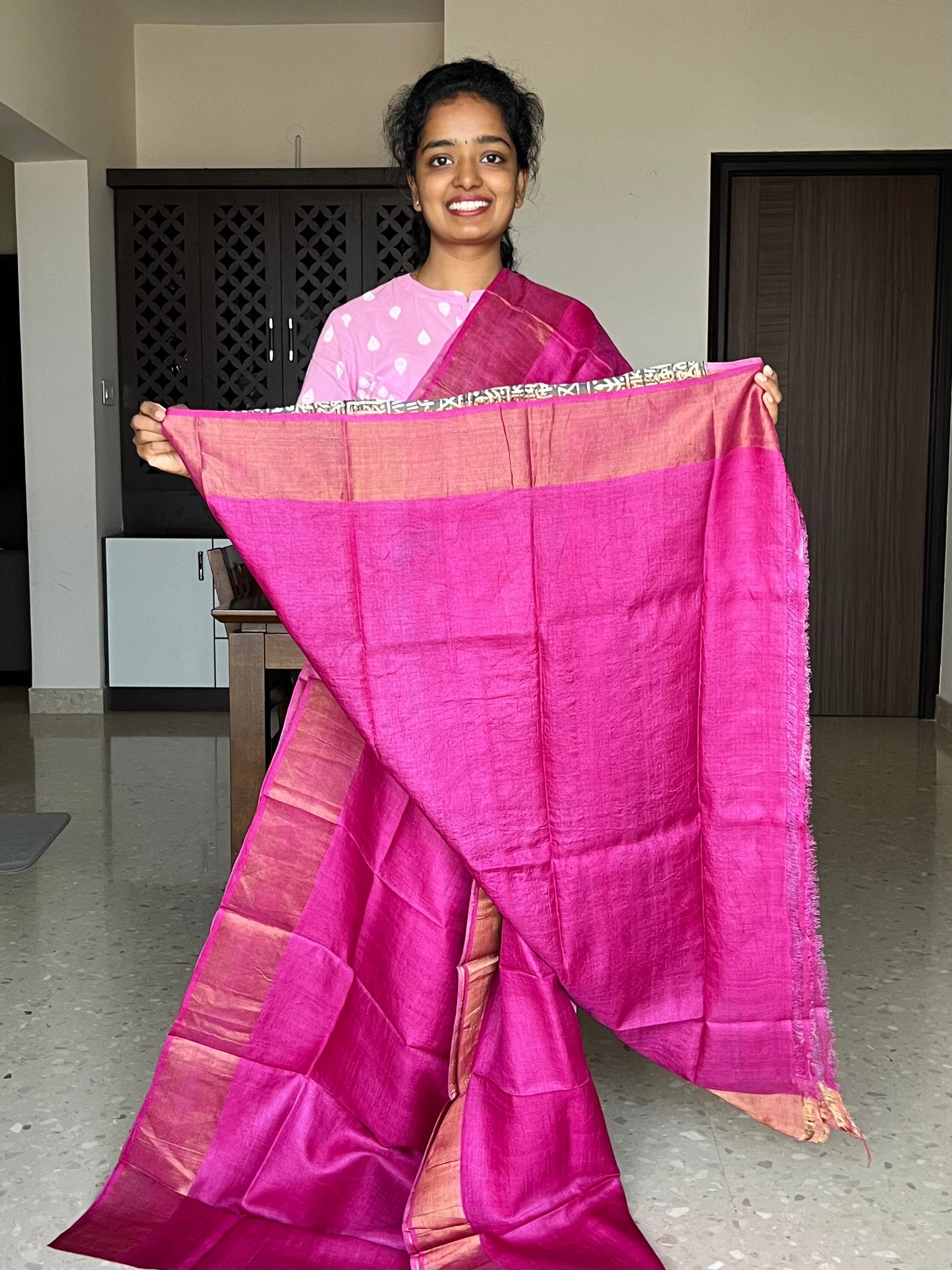 Rani Pink Tussar Silk Saree with Prints