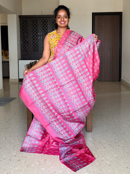 Coral Tussar Silk Saree with Prints