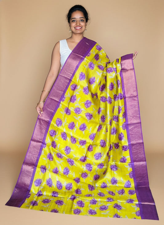 Green and Violet Tussar Silk Saree with Prints