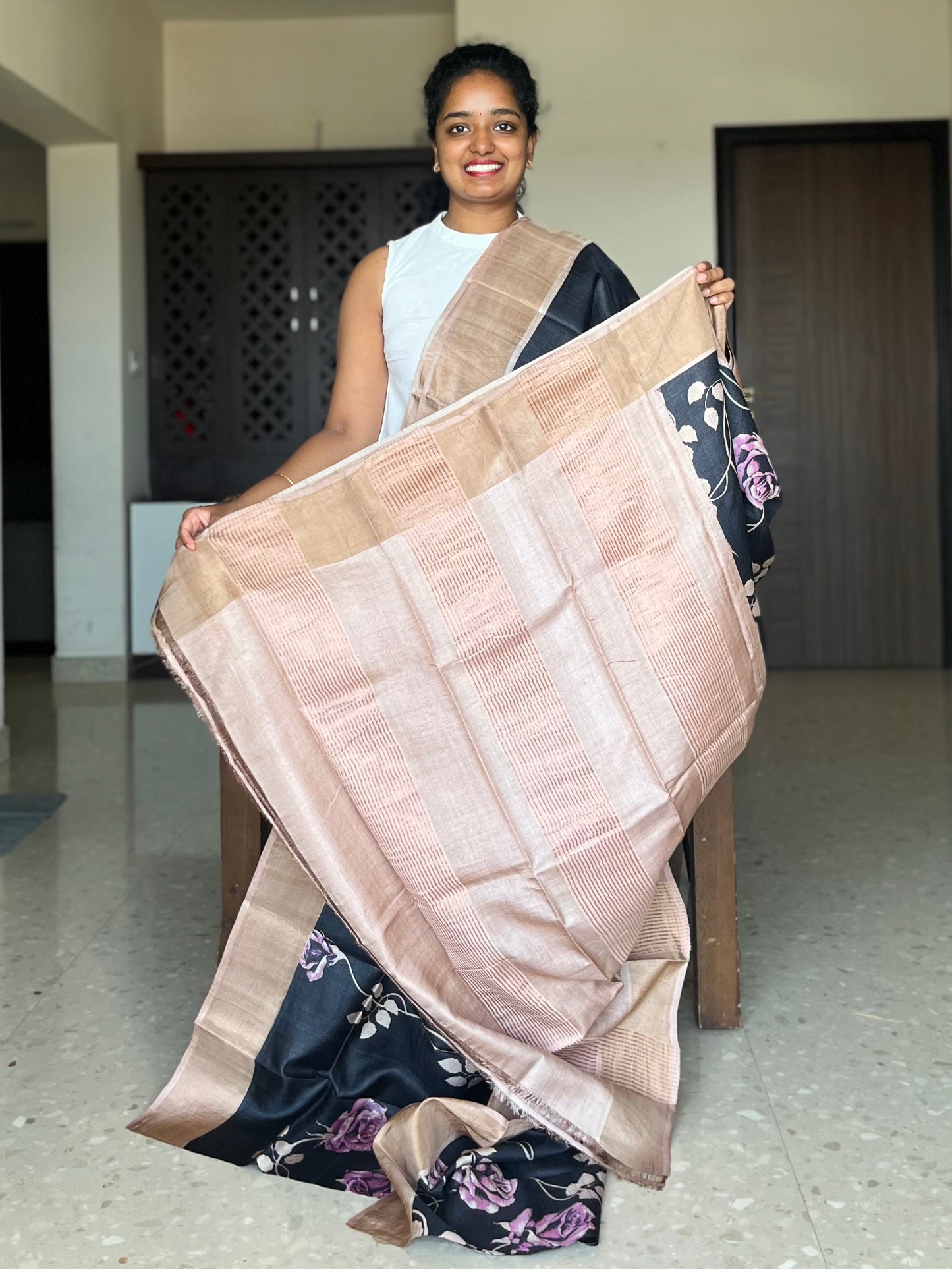 Black and Peach Tussar Silk Saree with Prints