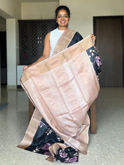 Black and Peach Tussar Silk Saree with Prints