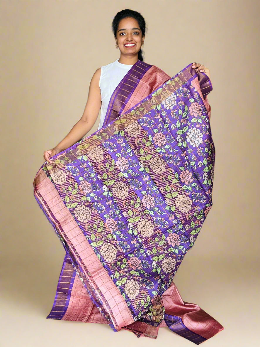Peach and Violet Tussar Silk Saree with Prints