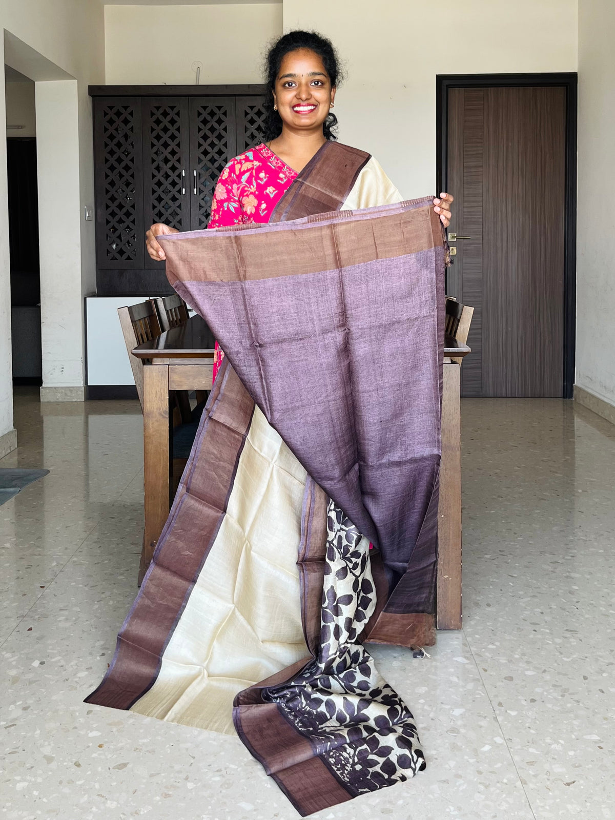 Cream and Brown Tussar Silk Saree with Prints