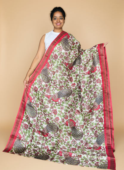 Cream and Red Tussar Silk Saree with Prints