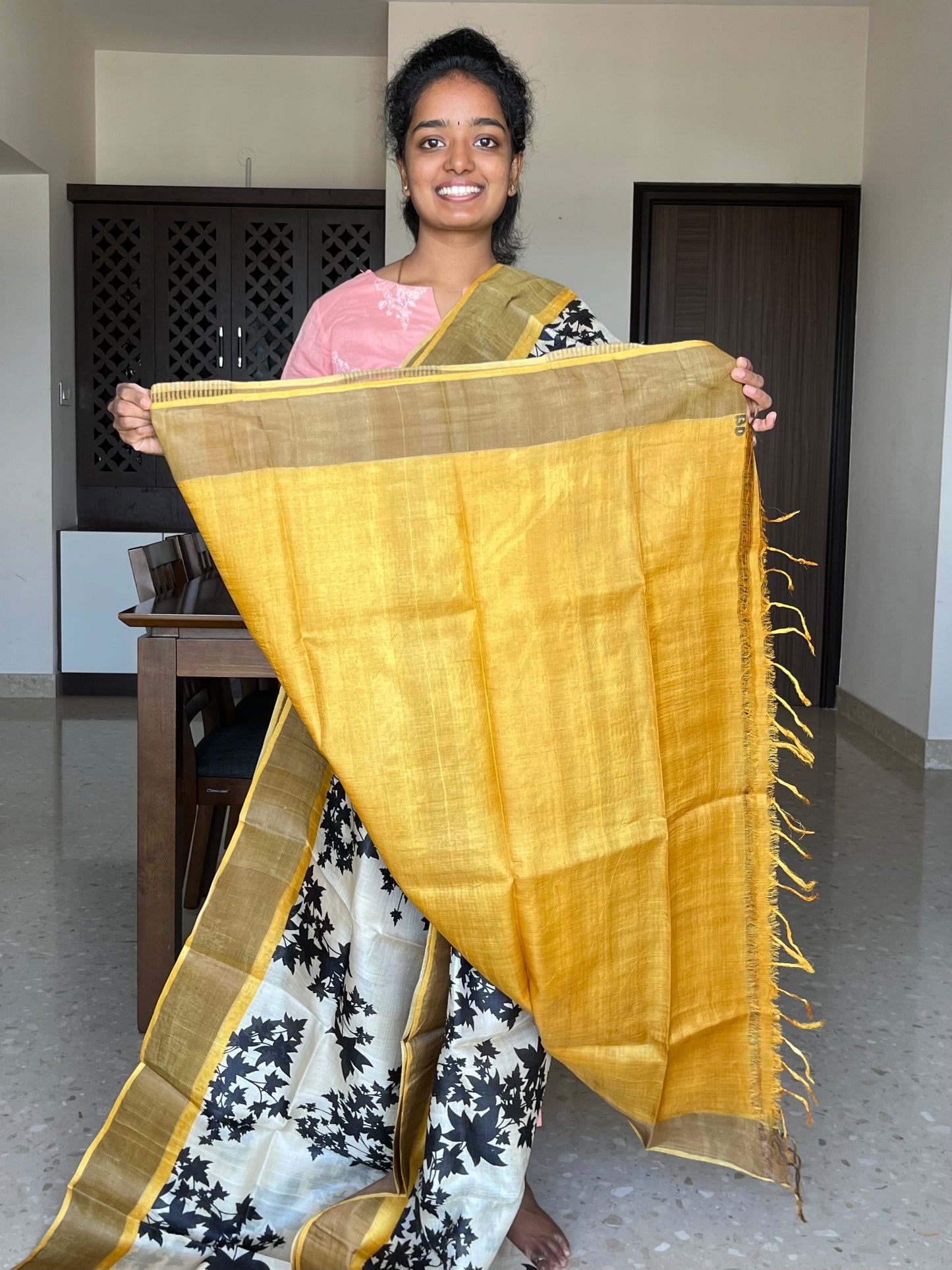 Cream and Yellow Tussar Silk Saree with Prints