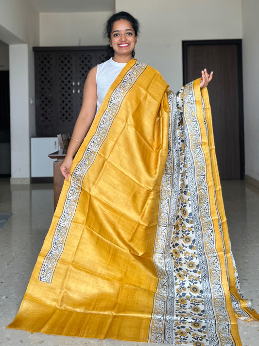 Yellow Tussar Silk Saree with Prints