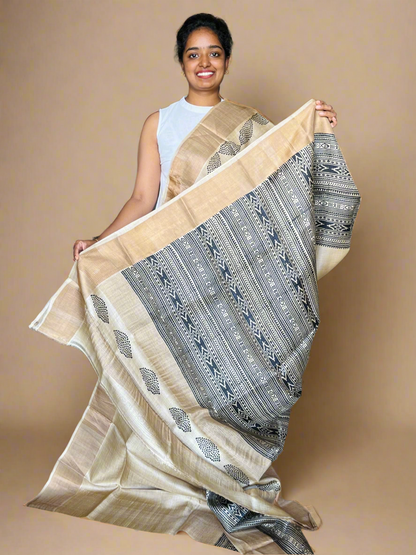 Golden Tussar Silk Saree with Prints