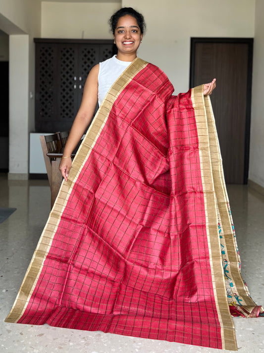 Red and Cream Tussar Silk Saree with Prints