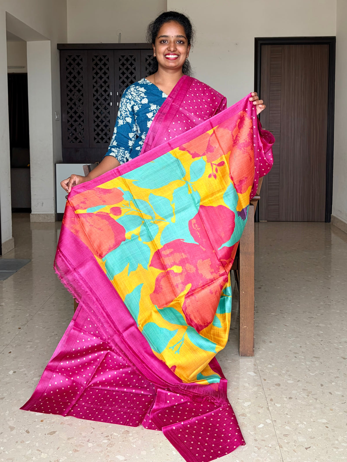 Magenta Tussar Silk Saree with Prints