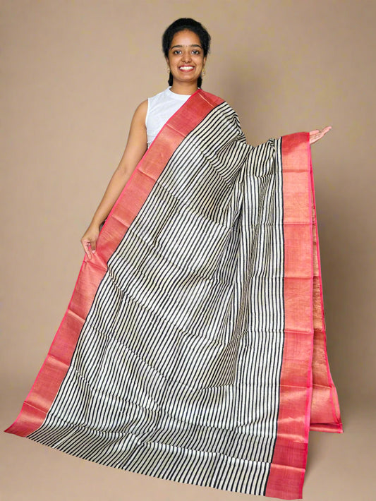 Black and Peach Tussar Silk Saree with Print
